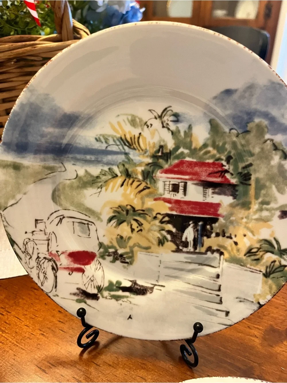 Pier One Destination 7 1/2” salad/dessert plates Set of 4, Red & Blue Accents